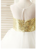 Sheer Neck Gold Sequin Ivory Tulle Ruffled Slit Back Flower Girl Dress